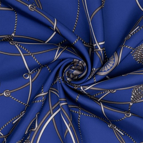 Zerafetim Püsküllü Desen Saks Mavisi İpek Twill Eşarp